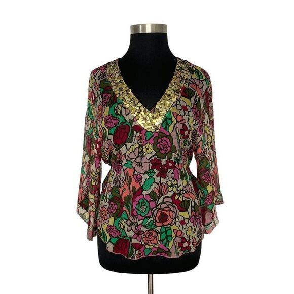 Tom K Nguyen L Multi-Color Floral Silk Top Sheer Sequin Y2K VTG Boho Art To Wear - Picture 2 of 13